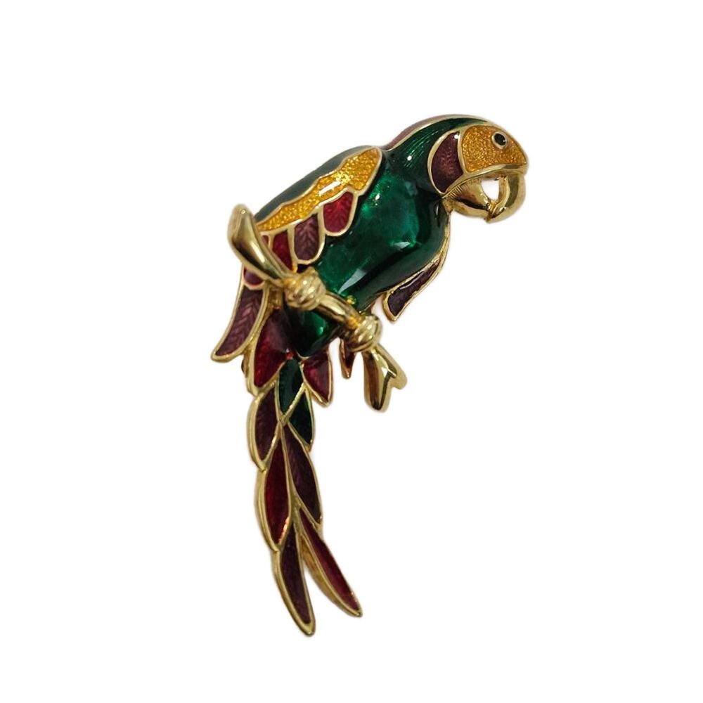 Vintage Enamel Parrot Brooch, 2.5" Long